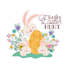 happy easter hunt label with egg and flowers icon