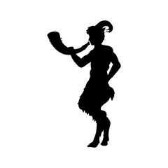 Faun Satyr blowing into horn silhouette ancient mythology fantasy. Vector illustration. - obrazy, fototapety, plakaty