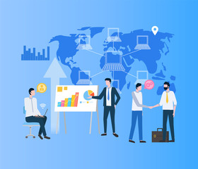 Modernizing business process vector, businessman making deal. World map with network computers and location, people on meeting conference talking