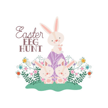 happy easter hunt label with egg and flowers icon