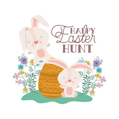 happy easter hunt label with egg and flowers icon