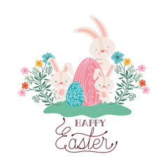 happy easter label with egg and flowers icon