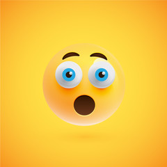 Realistic yellow emoticon in front of a yellow background, vector illustration