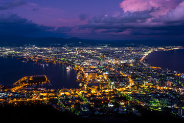 Fototapeta premium Mount Hakodate, from sunset twilight became night time, Mount Hakodate at night the sky turn from purple to dark. Good for background and nice viewing spot in Hokkaido in Japan