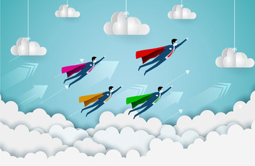 superhero businessmen competing go to target are flying up into the sky while flying above a cloud and mountains. business finance success. leadership. startup. creative idea. cartoon vector