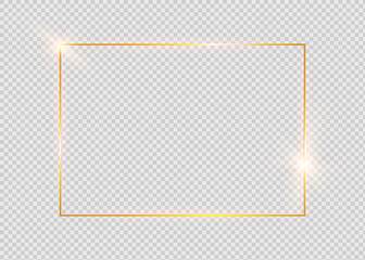 Gold shiny glowing vintage frame with shadows isolated on transparent background. Golden luxury realistic rectangle border.