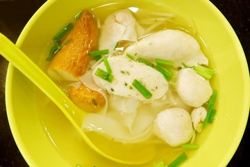 rice noodle, fish ball and fish cake rice noodle from top view in Thailand