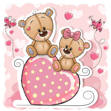 Two Bears is sitting on a heart on a pink background