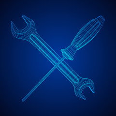 Wrench and screwdriver. Spanner repair tool. Mechanic or engineer instruments. Support service wireframe low poly mesh vector illustration