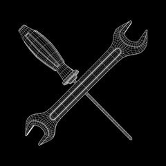 Wrench and screwdriver. Spanner repair tool. Mechanic or engineer instruments. Support service wireframe low poly mesh vector illustration