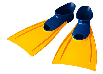Rubber flippers for swimming, blue with yellow, isolated vector image on white background.