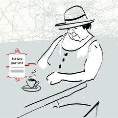 vector drawing/sketch of mature woman who is drinking tea or coffee  at her table and looking at the menu in a cafe