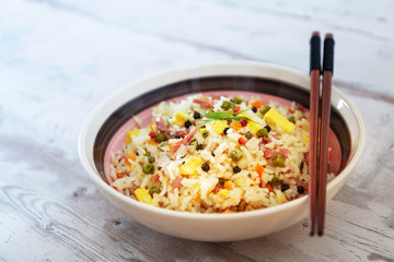 Cantonese fried basmati rice with ham and eggs