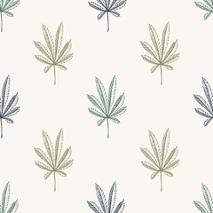 Vector simple Seamless pattern of hemp plant on a beige background cannabis texture