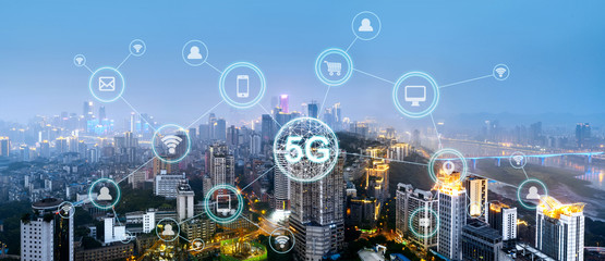 Wireless communication network concept.Panorama of Modern City