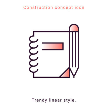 Symbol notepad line icon in modern style on white background. Design element. Vector button template. Pencil drawing. Education symbol. Note vector emblem. Notebook linear badge.