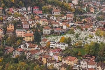 View from the high point to Sarajevo in the mist in the morning. Bosnia and Herzegovina