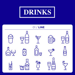set of drinks icons in line - obrazy, fototapety, plakaty