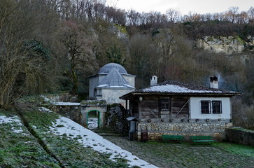 General look close up of Demir Baba Teke, cult monument honored by both Christians and Muslims in winter near Sveshtari village, Municipality Isperih, Razgrad District, Northeastern Bulgaria 