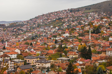 View from the high point to Sarajevo in the mist in the morning. Bosnia and Herzegovina