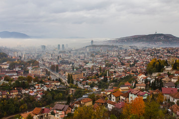 View from the high point to Sarajevo in the mist in the morning. Bosnia and Herzegovina