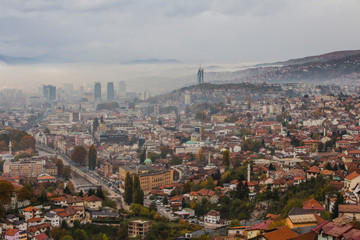 View from the high point to Sarajevo in the mist in the morning. Bosnia and Herzegovina