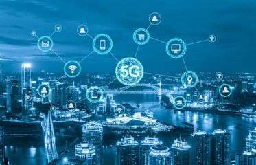 Wireless communication network concept.Panorama of Modern City