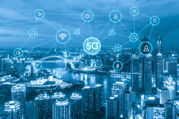 Wireless communication network concept.Panorama of Modern City
