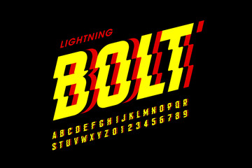 Lightning bolt style font design, alphabet letters and numbers