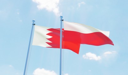 Poland and Bahrain, two flags waving against blue sky. 3d image
