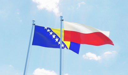 Poland and Bosnia and Hercegovina, two flags waving against blue sky. 3d image