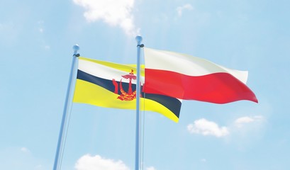 Poland and Brunei, two flags waving against blue sky. 3d image