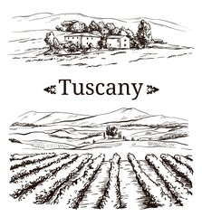 landscape drawing of the Italian province of Tuscany with the inscription