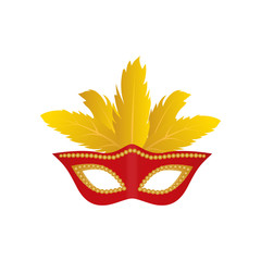Carnival mask with colden feathers isolated icon. Red color. Vector. Isolated