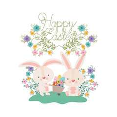 Fototapeta premium happy easter label with egg and flowers icon