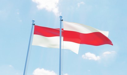 Fototapeta na wymiar Poland and Indonesia, two flags waving against blue sky. 3d image