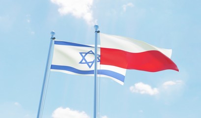 Poland and Israel, two flags waving against blue sky. 3d image