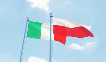 Poland and Italy, two flags waving against blue sky. 3d image