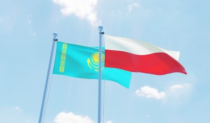 Poland and Kazakhstan, two flags waving against blue sky. 3d image