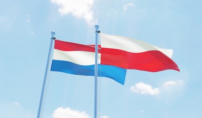 Poland and Netherlands, two flags waving against blue sky. 3d image