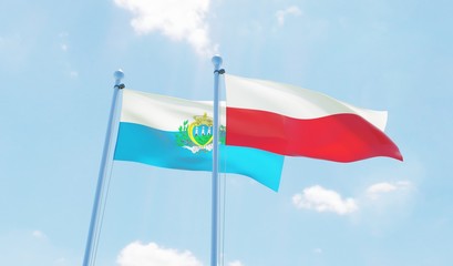 Poland and San Marino, two flags waving against blue sky. 3d image
