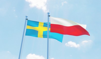Poland and Sweden, two flags waving against blue sky. 3d image