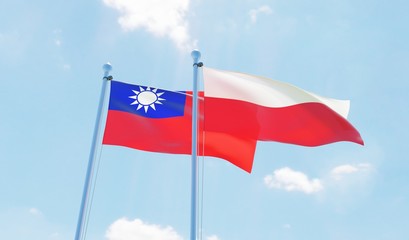 Poland and Taiwan, two flags waving against blue sky. 3d image