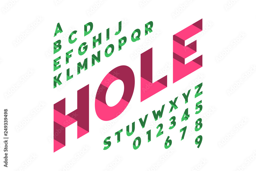 Poster isometric 3d font design, three-dimensional alphabet letters and numbers