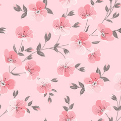 Linum seamless pattern for fabric swatches. Pattern with red flowers and small leaves. Vector illustration.