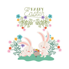 happy easter label with egg and flowers icon