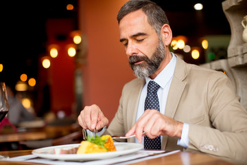 Handsome senior man eating lunch in restaurant