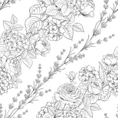 Seamless pattern of rose flower for fabric design. Luxurious line art of spring flowers. Vector illustration.