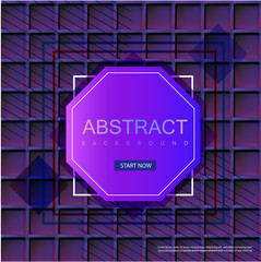 Purple abstract background with hexagonal frame and geometric squares pattern.