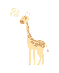 Cute cartoon giraffe. Giraffe with closed eyes stands in the sun and smiles. Isolated on white background. Vector illustration. 